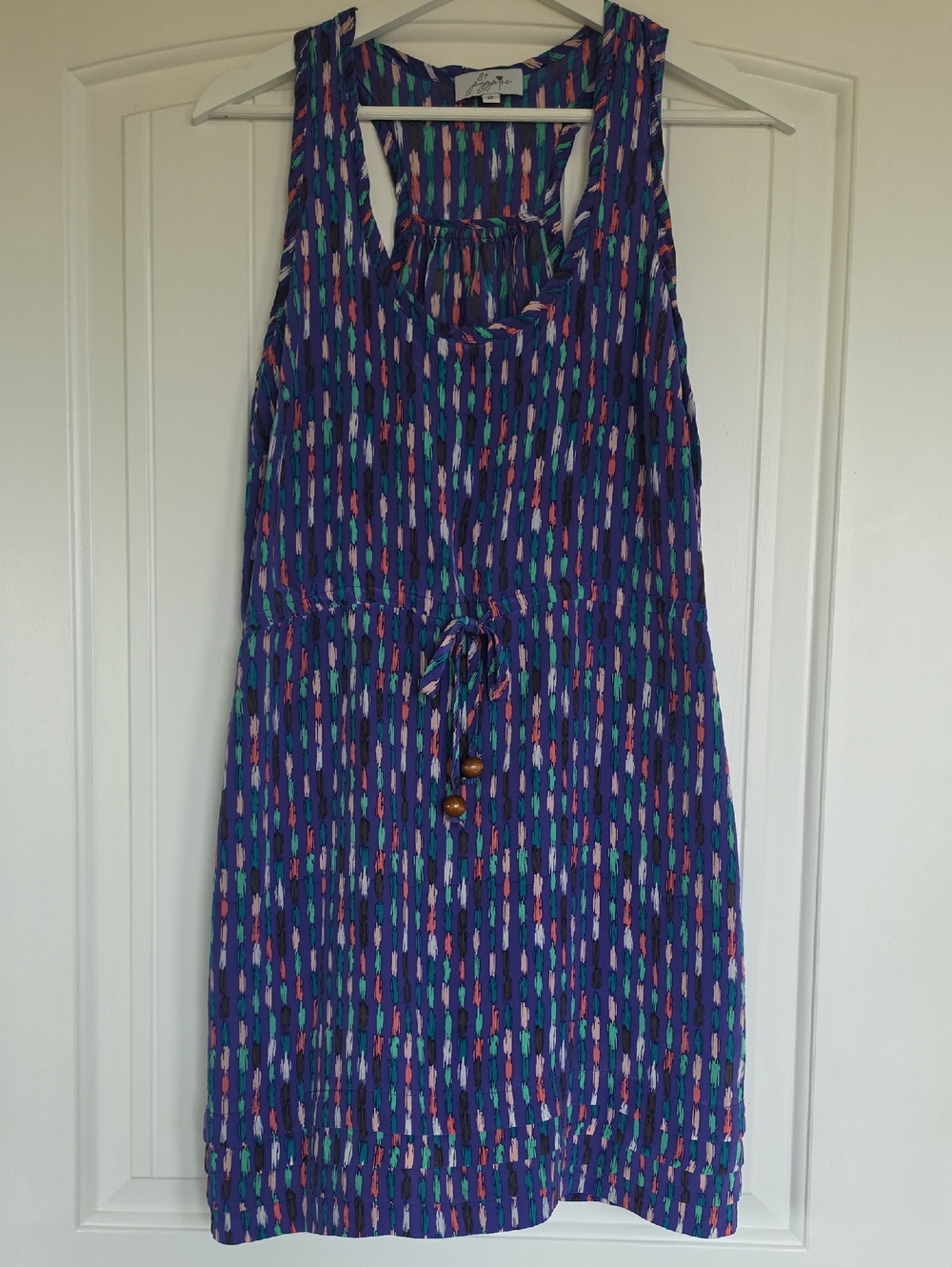 100% SILK Sleeveless Purple Printed Drawstring Dress Wood Beads
